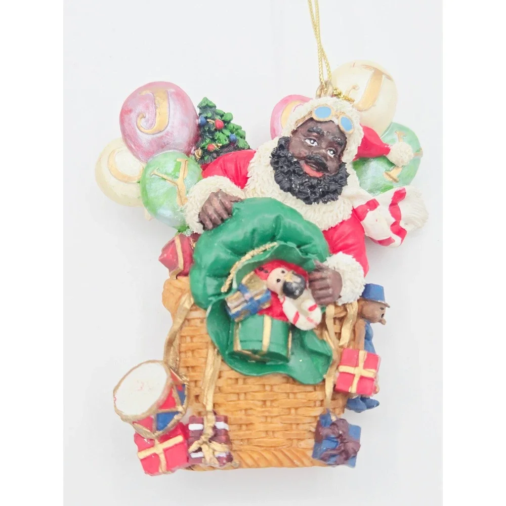 Set of 3 Black Santa Claus Resin Ornaments Wreath Candy Cane Gift Basket
